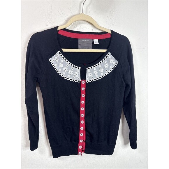 (R) ANTHROPOLOGIE Guinevere Beaded Lace Applique Cardigan Sweater Black Vintage - Picture 5 of 14